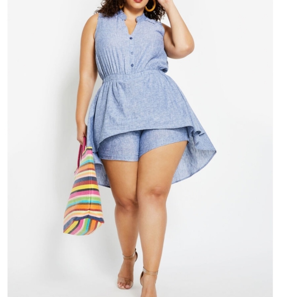 Blue linen blend romper